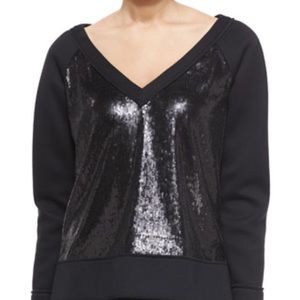 Donna Karan NEW Sequin Jersey Knit Scuba Sweatshirt V Long Sleeve Oversized M